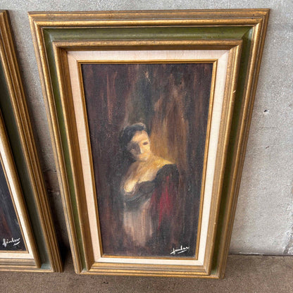 Vintage Set of Oil Paintings on Board of a Man and Woman