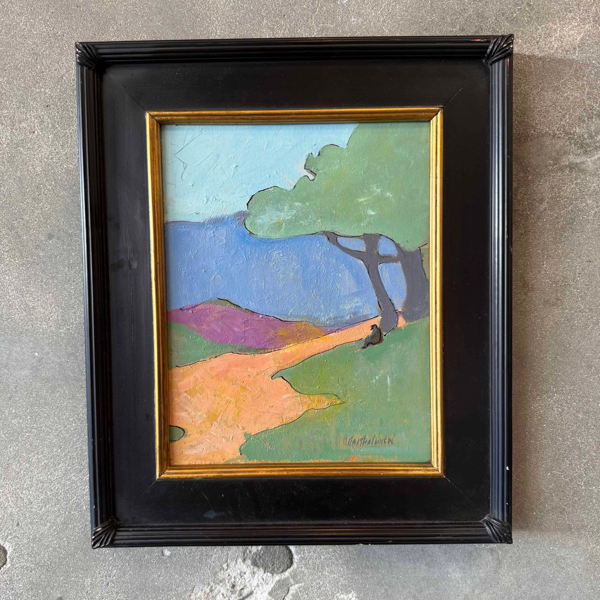 Original Signed Painting Framed With Shadow Figure Under A Tree