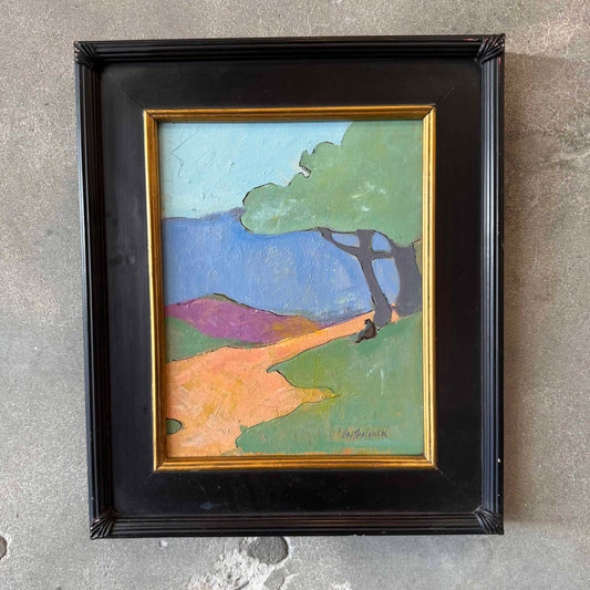 Original Signed Painting Framed With Shadow Figure Under A Tree