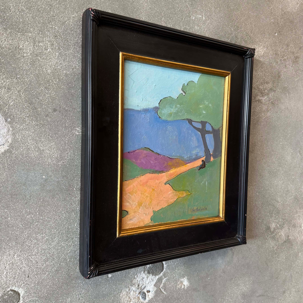 Original Signed Painting Framed With Shadow Figure Under A Tree