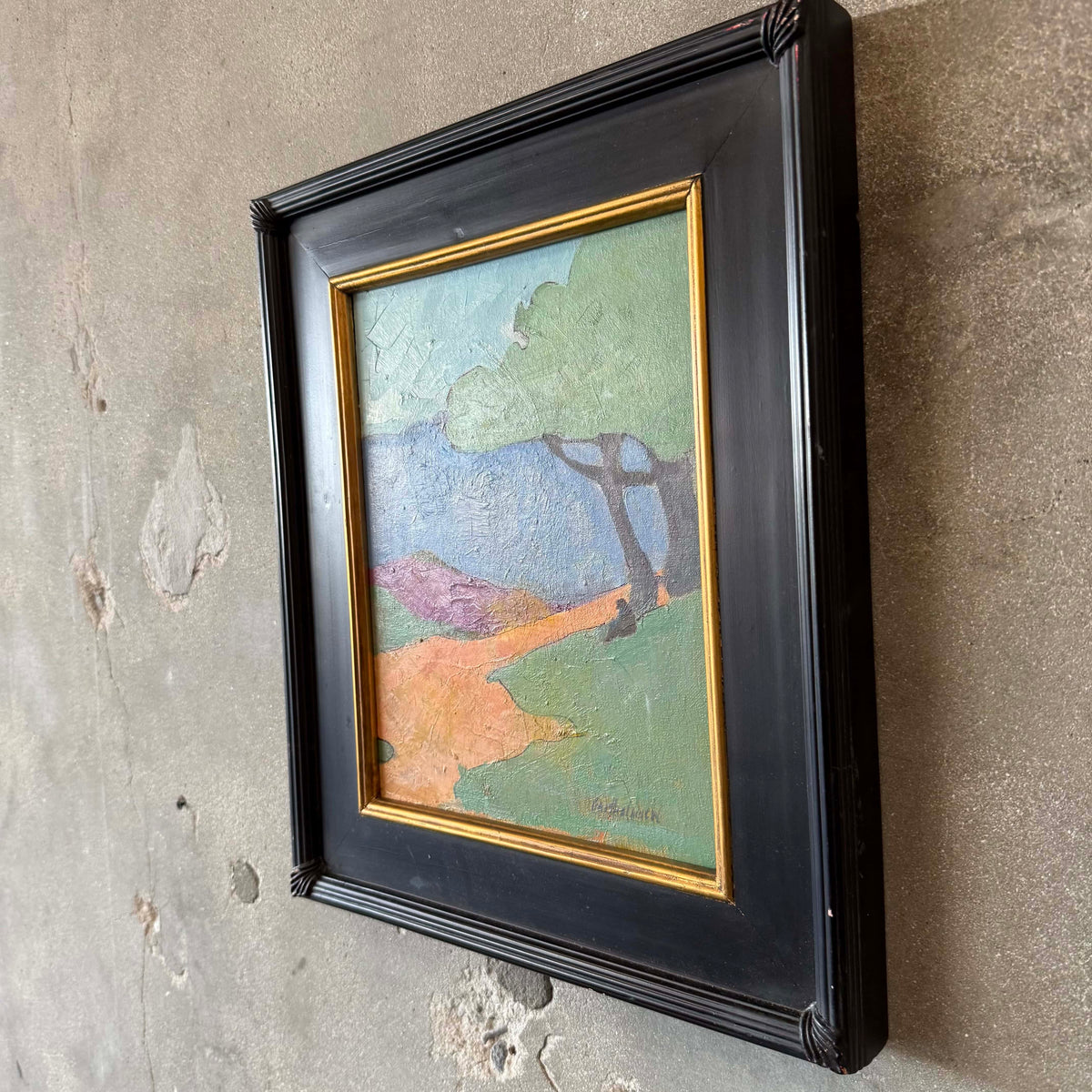 Original Signed Painting Framed With Shadow Figure Under A Tree