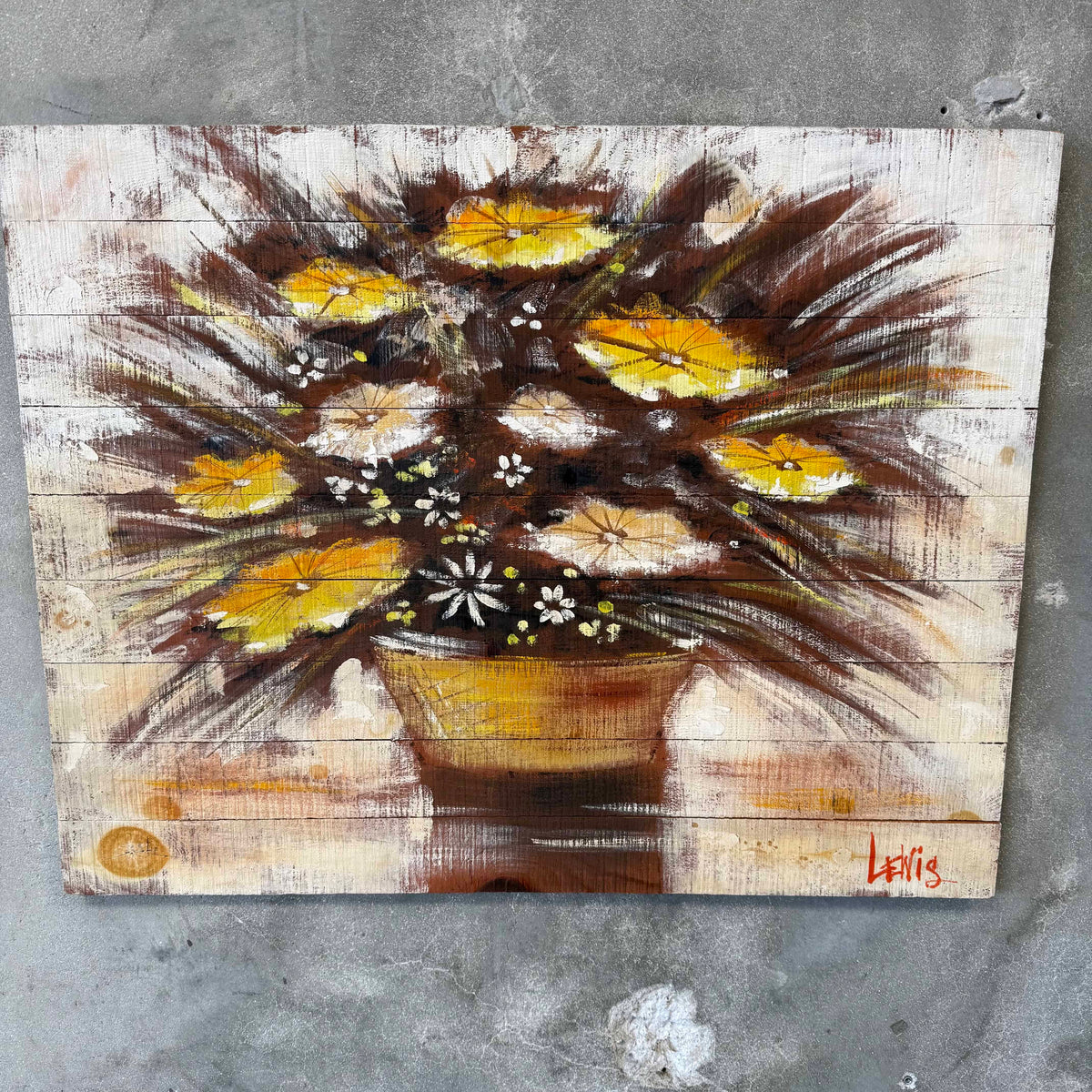 Mid Century Modern Oil Painting Yellow and White Flowers on Wood