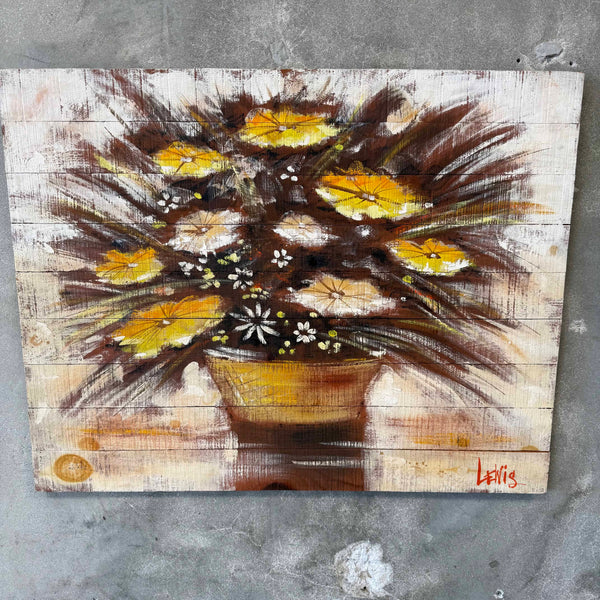 Mid Century Modern Oil Painting Yellow and White Flowers on Wood