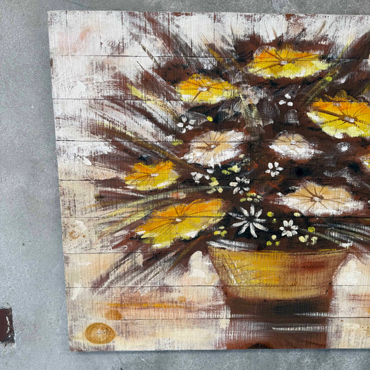 Mid Century Modern Oil Painting Yellow and White Flowers on Wood