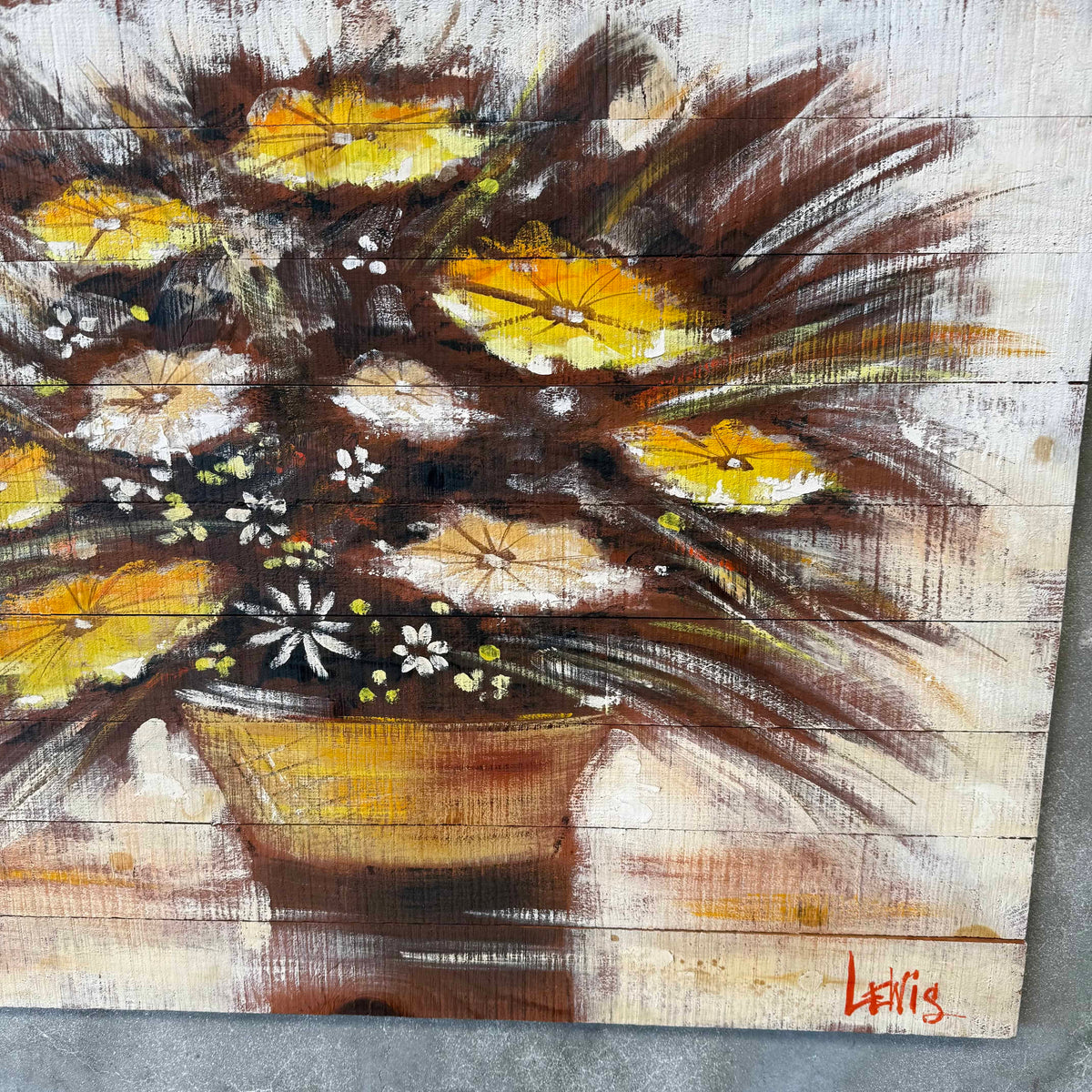 Mid Century Modern Oil Painting Yellow and White Flowers on Wood