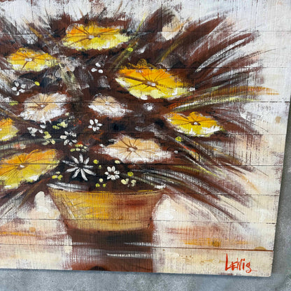 Mid Century Modern Oil Painting Yellow and White Flowers on Wood