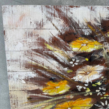 Mid Century Modern Oil Painting Yellow and White Flowers on Wood