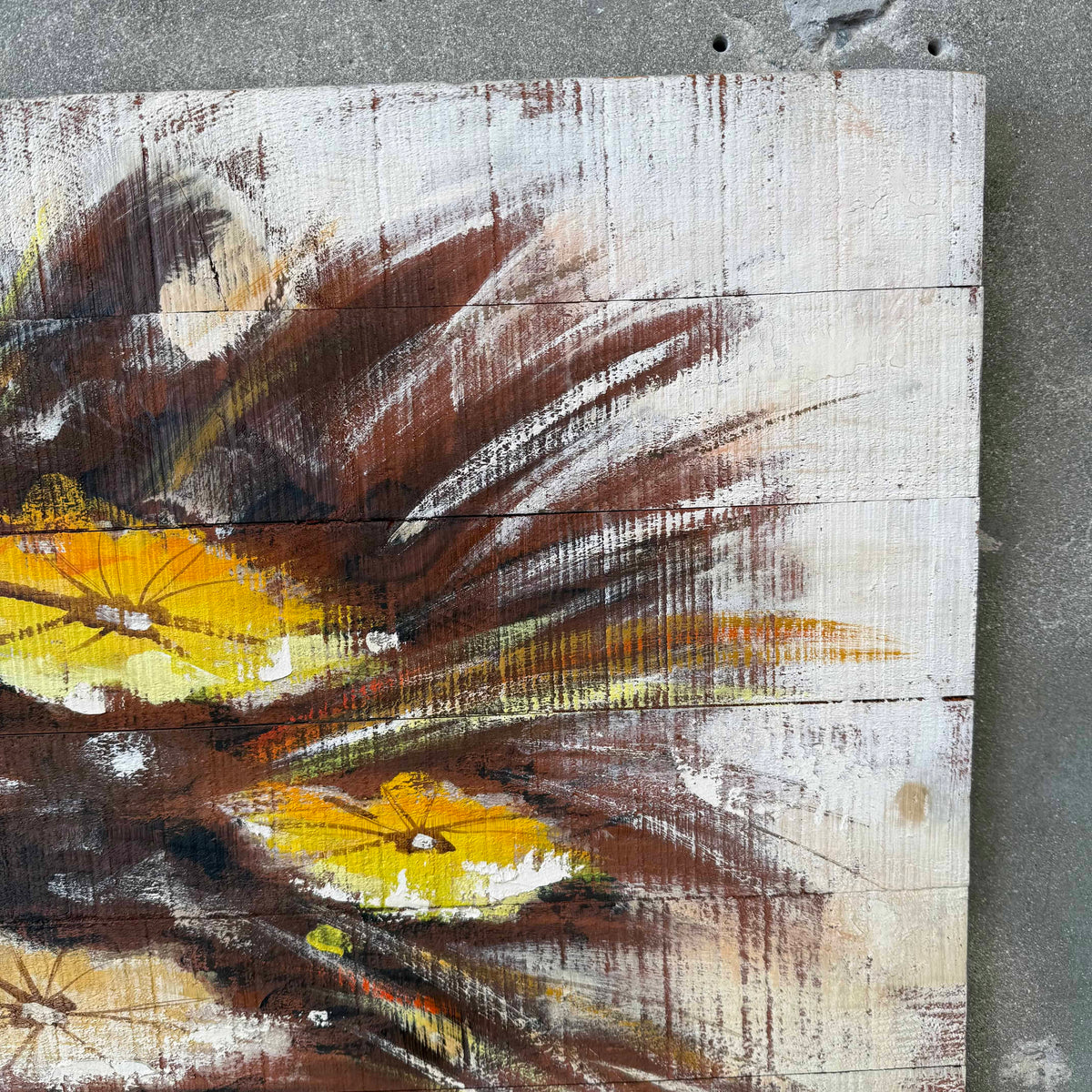 Mid Century Modern Oil Painting Yellow and White Flowers on Wood