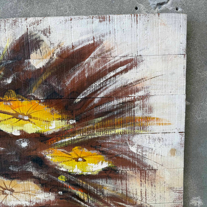 Mid Century Modern Oil Painting Yellow and White Flowers on Wood
