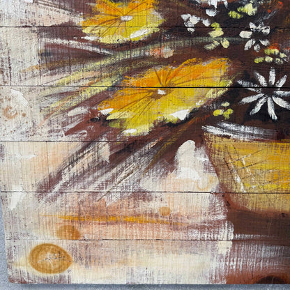 Mid Century Modern Oil Painting Yellow and White Flowers on Wood