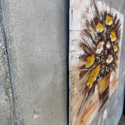 Mid Century Modern Oil Painting Yellow and White Flowers on Wood