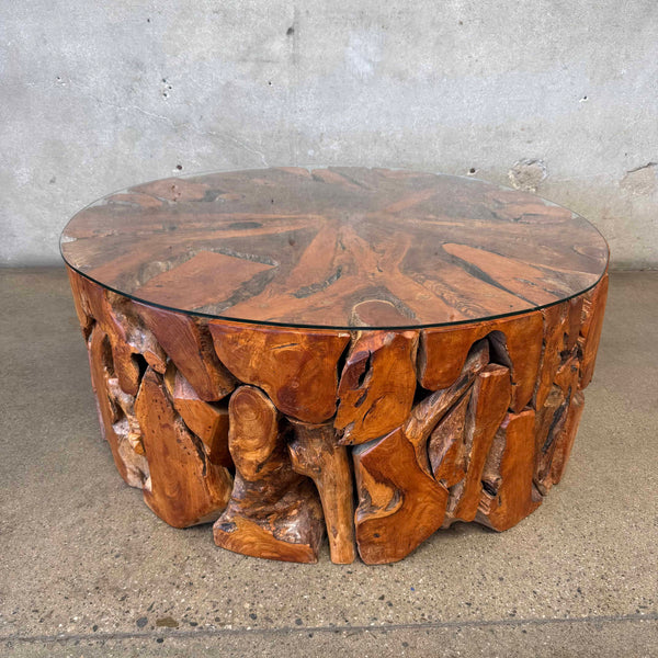 Mid Century Teak Root Round Glass Top Coffee Table