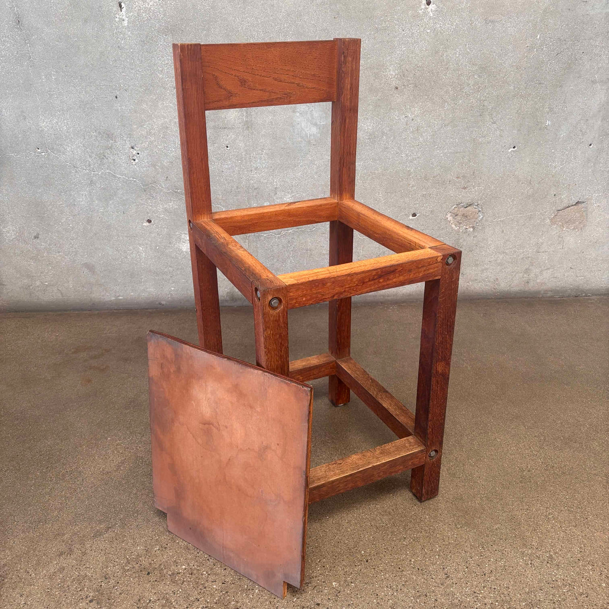 Vintage Constructivist Solid Oak Stool With Removeable Seat & Back