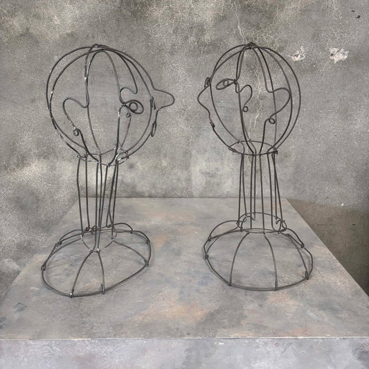 Pair of Vintage Wire Bust Sculptures of Man & Woman In the Style of Calder