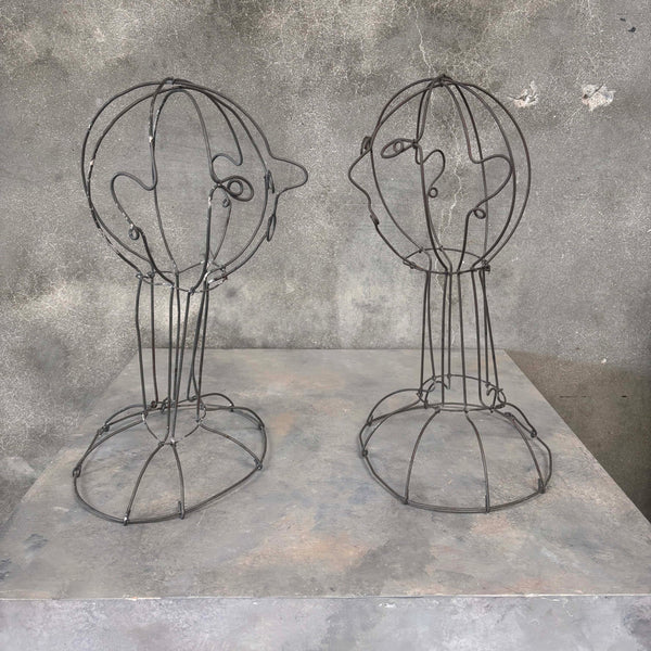 Pair of Vintage Wire Bust Sculptures of Man & Woman In the Style of Calder
