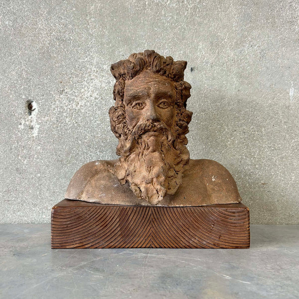 Earthenware Sculpture of Man Bust on Wood Block
