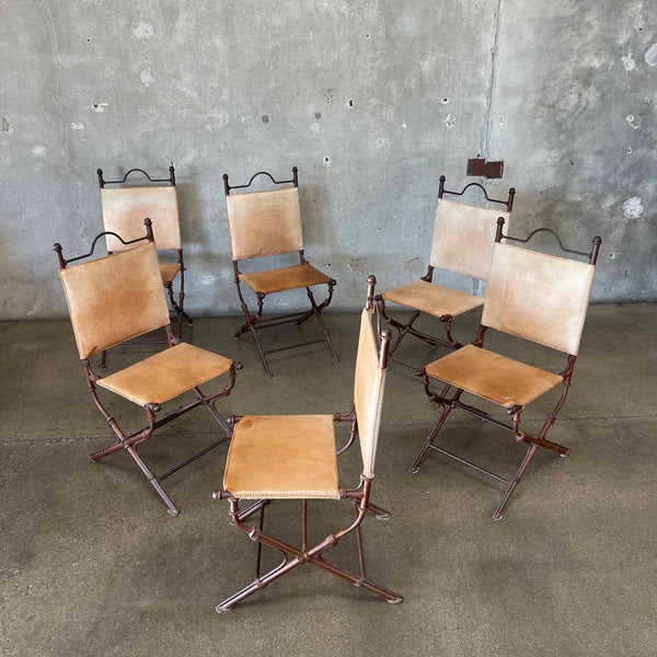 Set of Six Vintage Mexican Leather & Cast Iron Dining Chairs