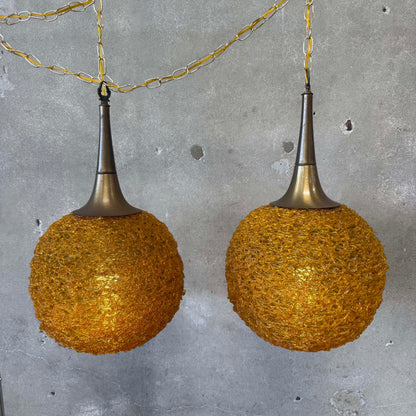 Rare Pair of 60's Amber spaghetti Swag Lamps With Trumpet Tops