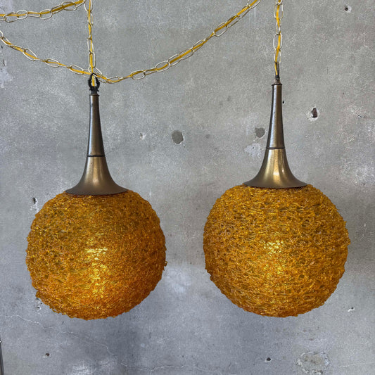 Rare Pair of 60's Amber spaghetti Swag Lamps With Trumpet Tops