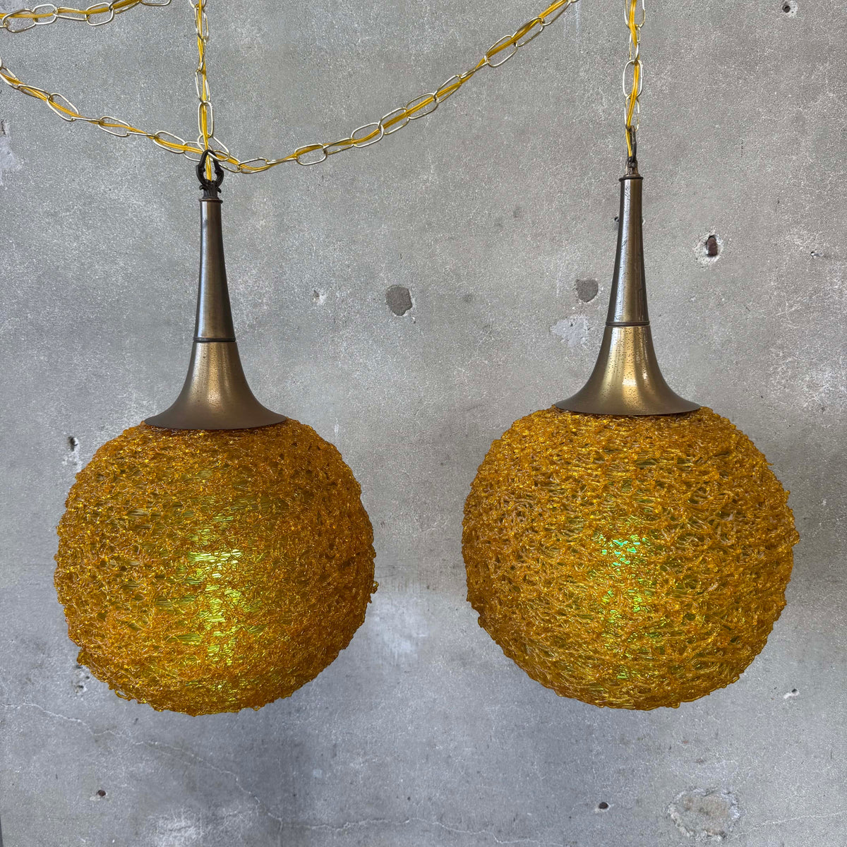 Rare Pair of 60's Amber spaghetti Swag Lamps With Trumpet Tops