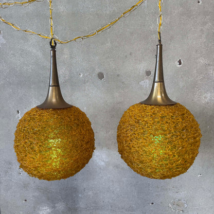 Rare Pair of 60's Amber spaghetti Swag Lamps With Trumpet Tops