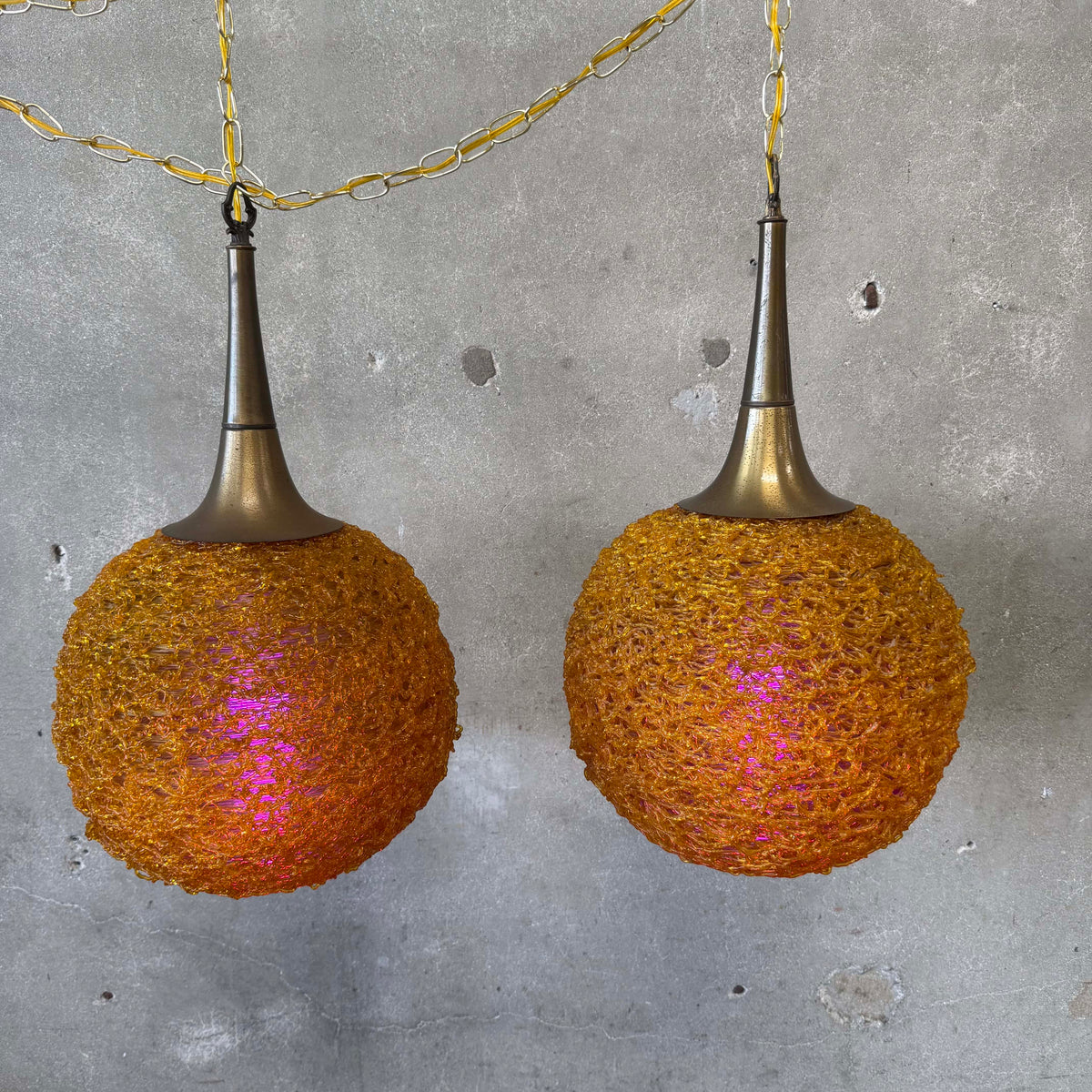 Rare Pair of 60's Amber spaghetti Swag Lamps With Trumpet Tops