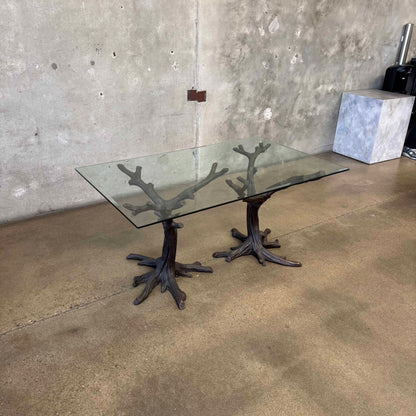 Faux Bois Solid Brass & Glass Writing/ Dining Table