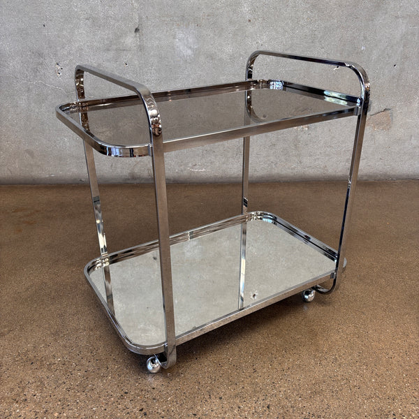 Vintage 1970's Chrome Mirrored Bar Cart With Smoked Glass