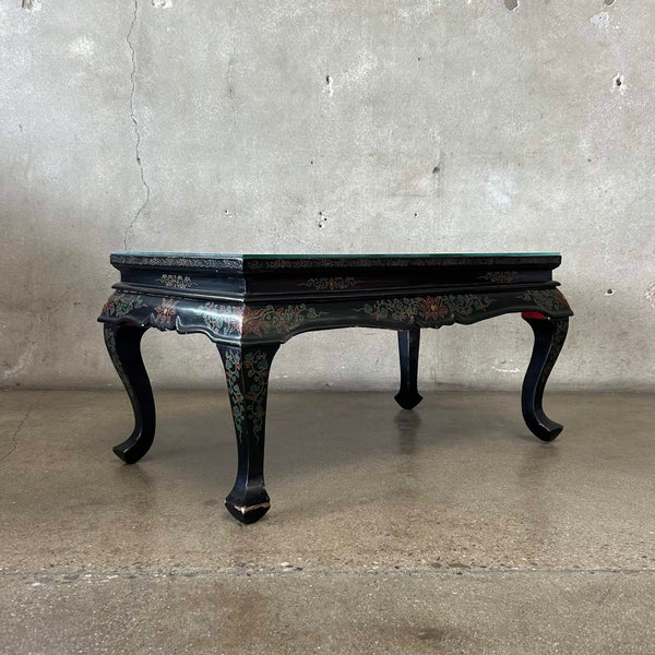 Black Asian Hand Carved Coffee Table w/ Glass