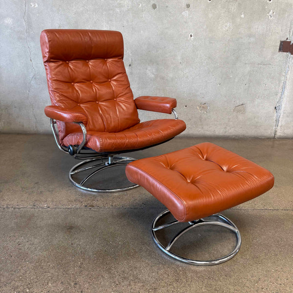 1971 Camel Leather Ekornes "Stressless" Recliner & Ottoman