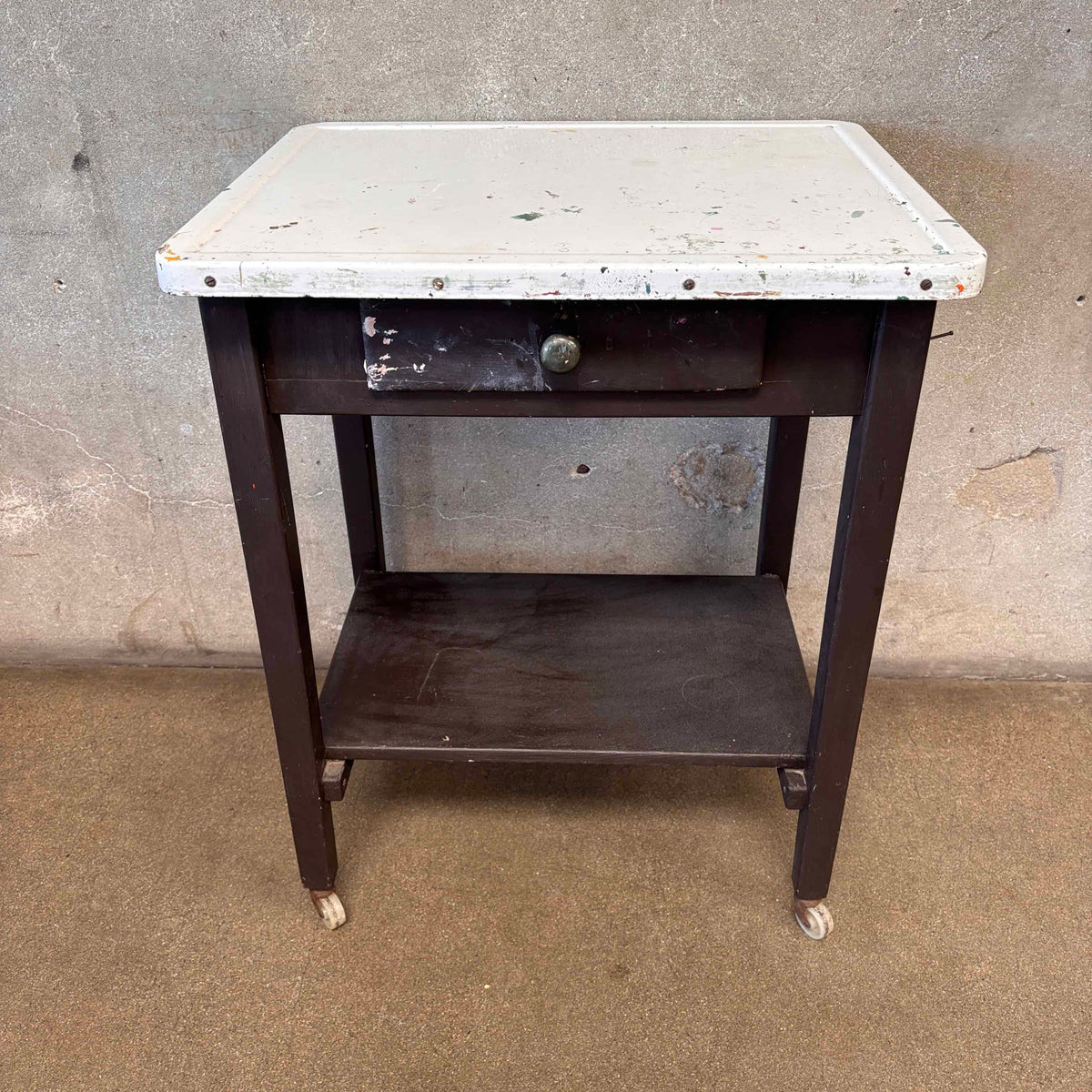 Vintage Industrial Porcelain Enamel Bar Cart