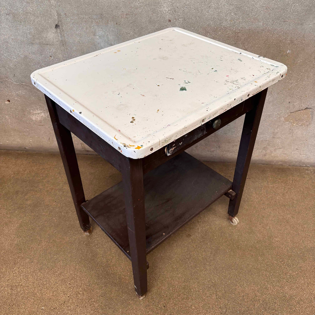 Vintage Industrial Porcelain Enamel Bar Cart