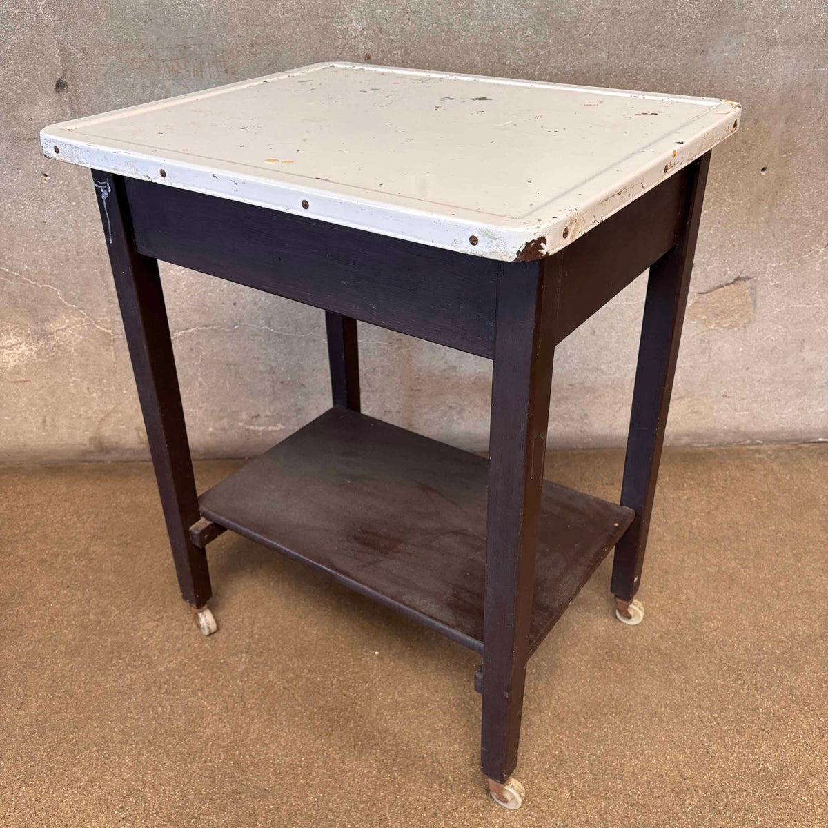 Vintage Industrial Porcelain Enamel Bar Cart