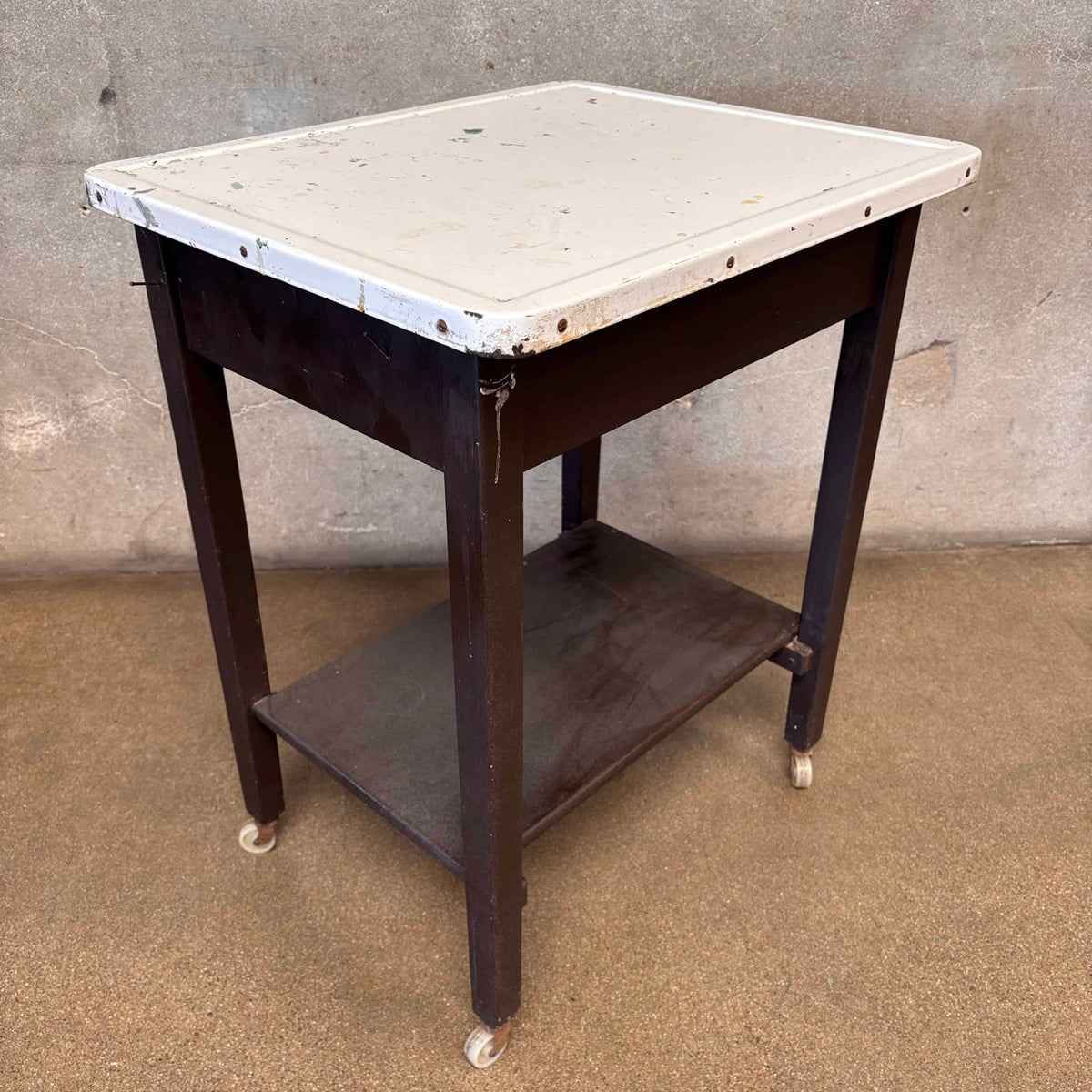 Vintage Industrial Porcelain Enamel Bar Cart