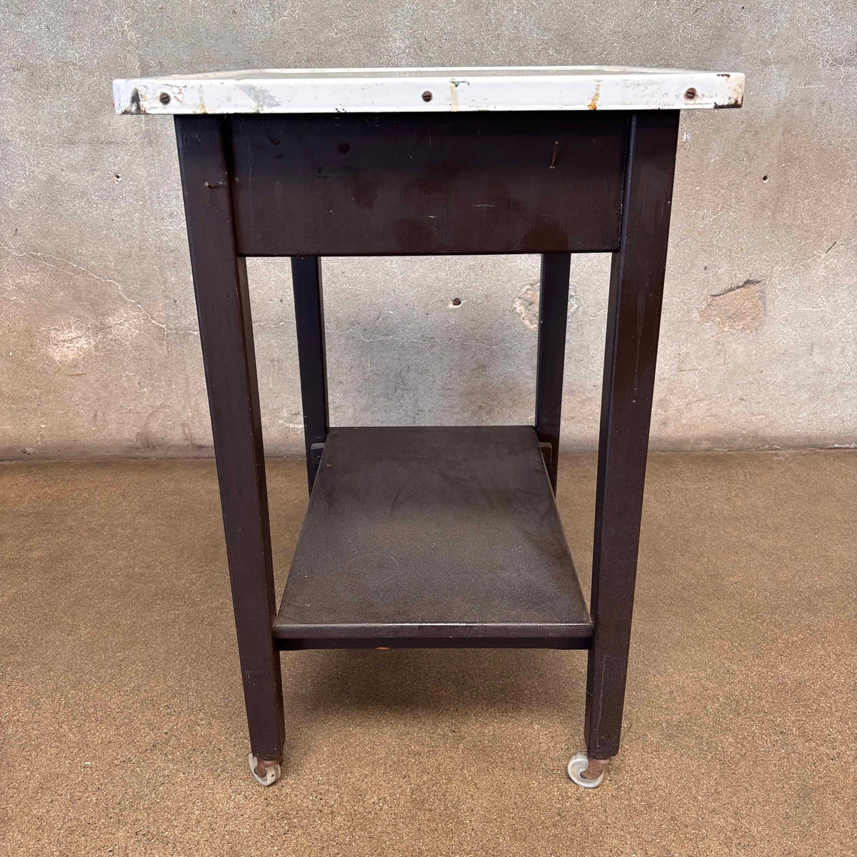 Vintage Industrial Porcelain Enamel Bar Cart