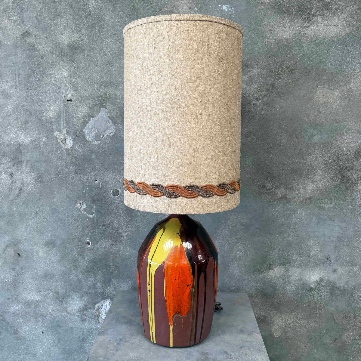 70's Drip Glaze Large Ceramic Lamp w/Original Tall Shade