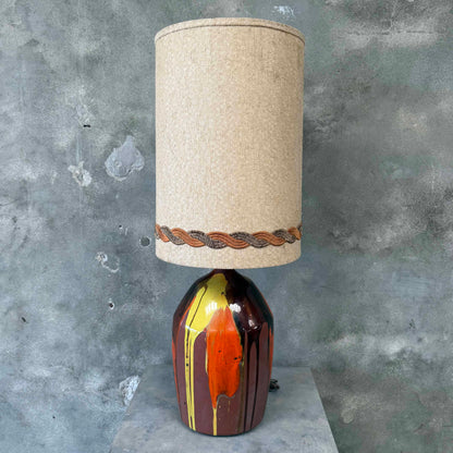 70's Drip Glaze Large Ceramic Lamp w/Original Tall Shade