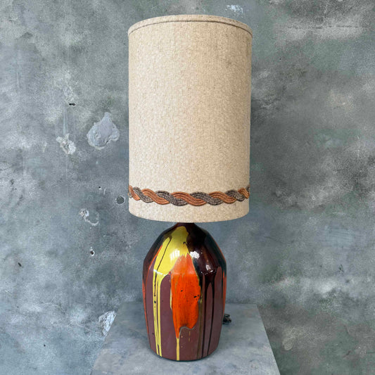 70's Drip Glaze Large Ceramic Lamp w/Original Tall Shade