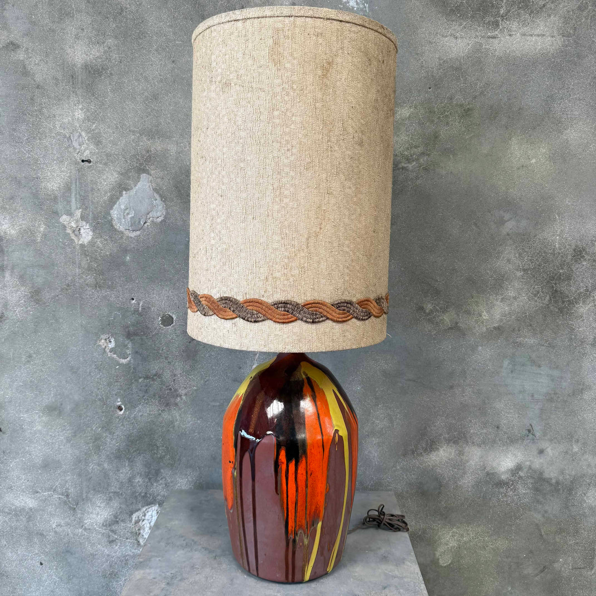 70's Drip Glaze Large Ceramic Lamp w/Original Tall Shade