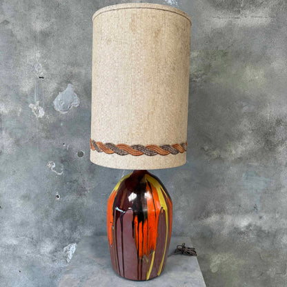 70's Drip Glaze Large Ceramic Lamp w/Original Tall Shade