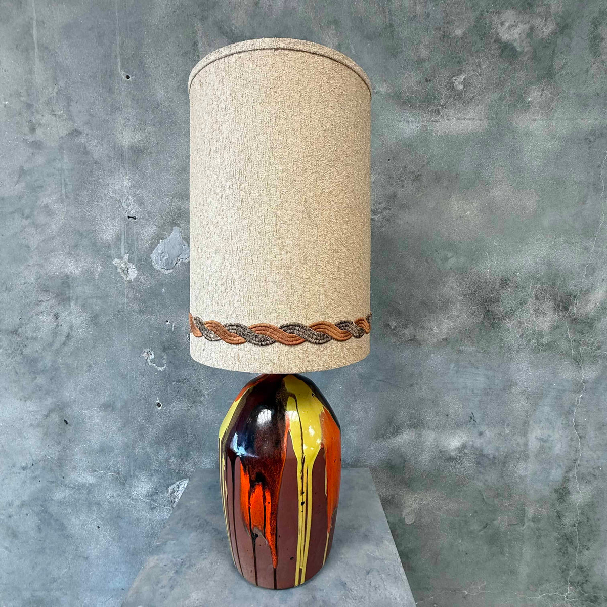 70's Drip Glaze Large Ceramic Lamp w/Original Tall Shade