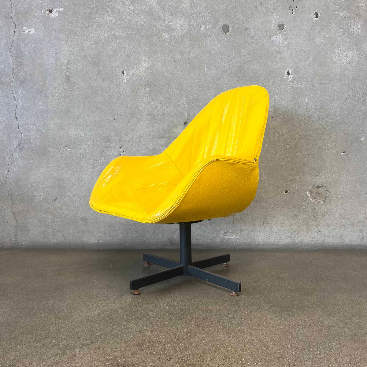 Vintage Mid Century Modern Yellow Swivel Chair With Snake Texture