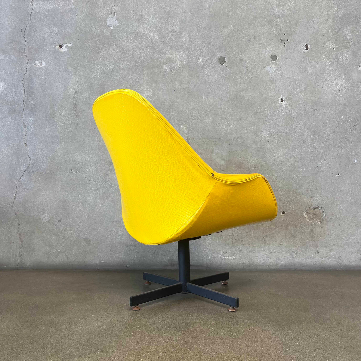 Vintage Mid Century Modern Yellow Swivel Chair With Snake Texture