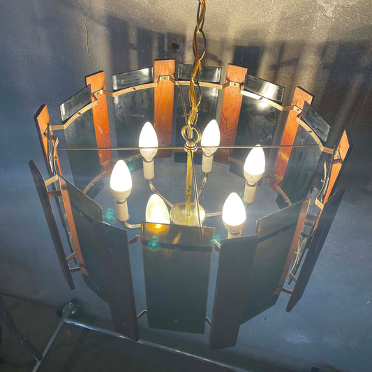 Mid Century Modern Swag Lamp. Lucite/Wood Panels
