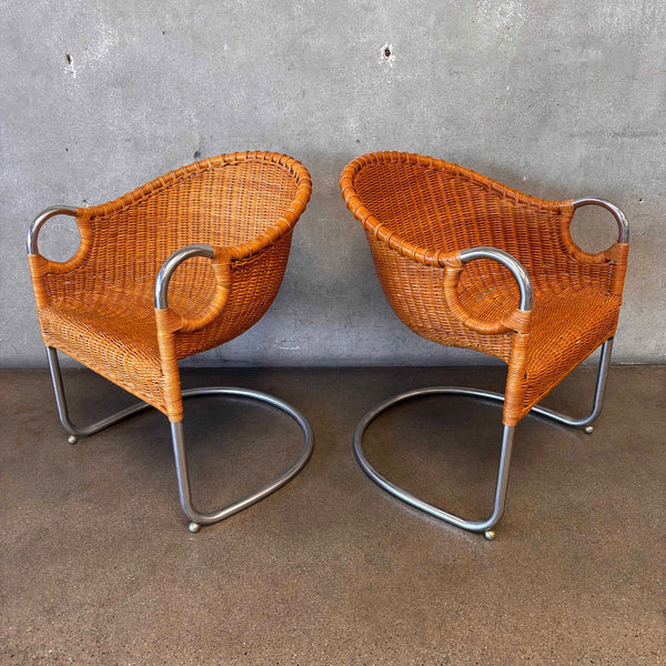 Pair of Vintage 1950s Chrome & Wicker Chairs by Harvey Probber
