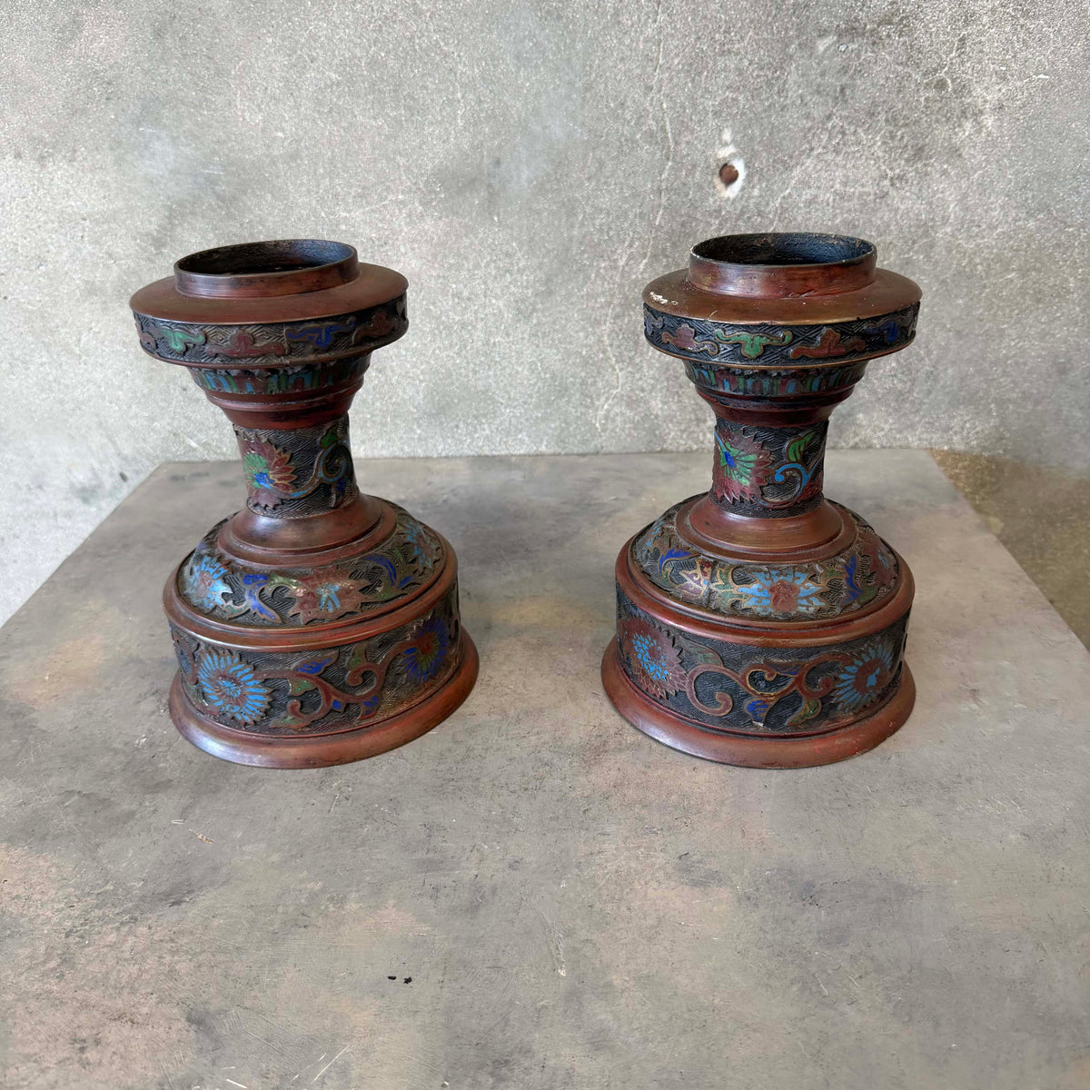 Pair of Antique Japanese Bronze & Enamel Lamp Bases / Candle Holders c. 1890–1920