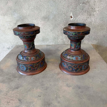 Pair of Antique Japanese Bronze & Enamel Lamp Bases / Candle Holders c. 1890–1920