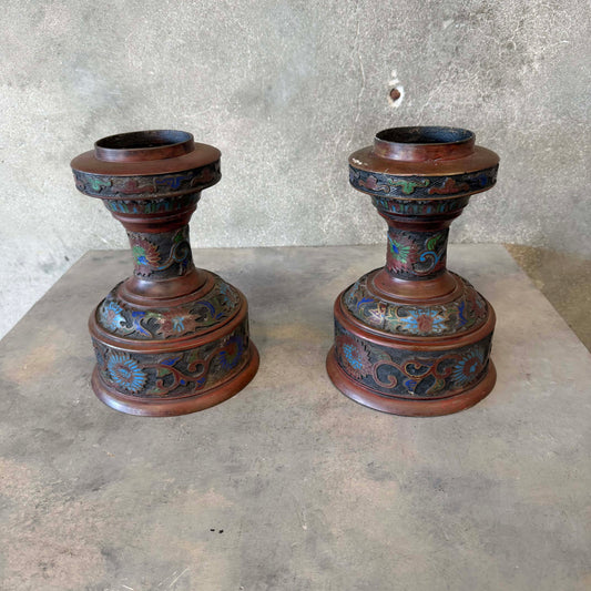 Pair of Antique Japanese Bronze & Enamel Lamp Bases / Candle Holders c. 1890–1920