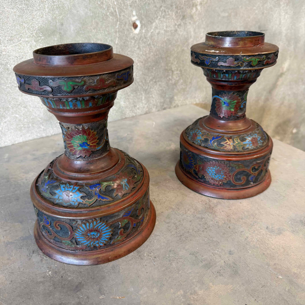 Pair of Antique Japanese Bronze & Enamel Lamp Bases / Candle Holders c. 1890–1920