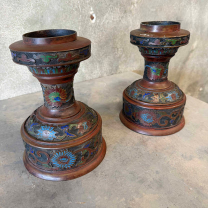 Pair of Antique Japanese Bronze & Enamel Lamp Bases / Candle Holders c. 1890–1920
